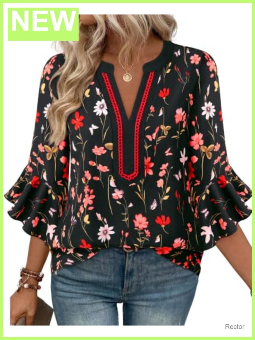 Gaharu Womens Ruffle 3/4 Sleeve Blouse Floral V-Neck Business Casual Top